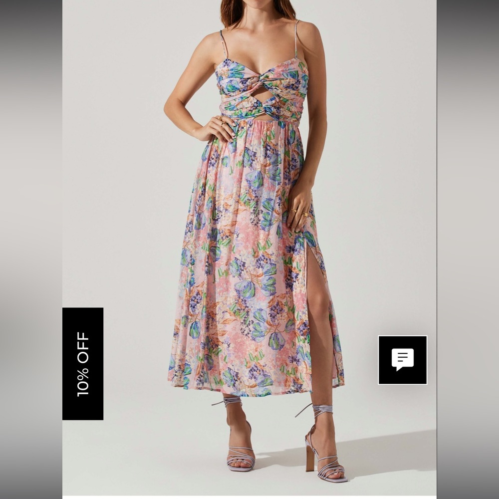 Astr Floral Pink Blue Green Twist-Front Midi Dress